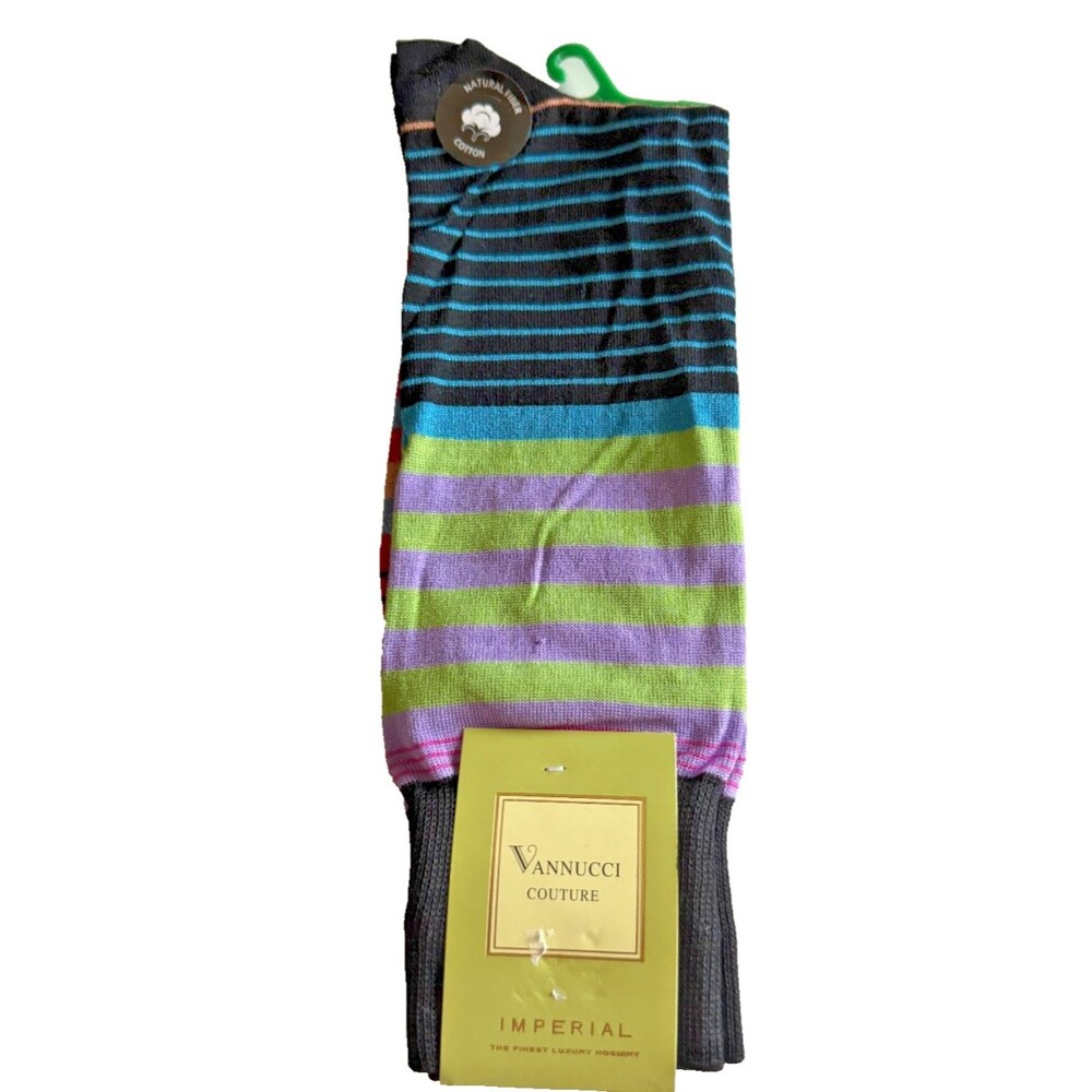 Vannucci Designer Dress Socks Mens Black Multi-Color Striped Cotton Blend 10-13